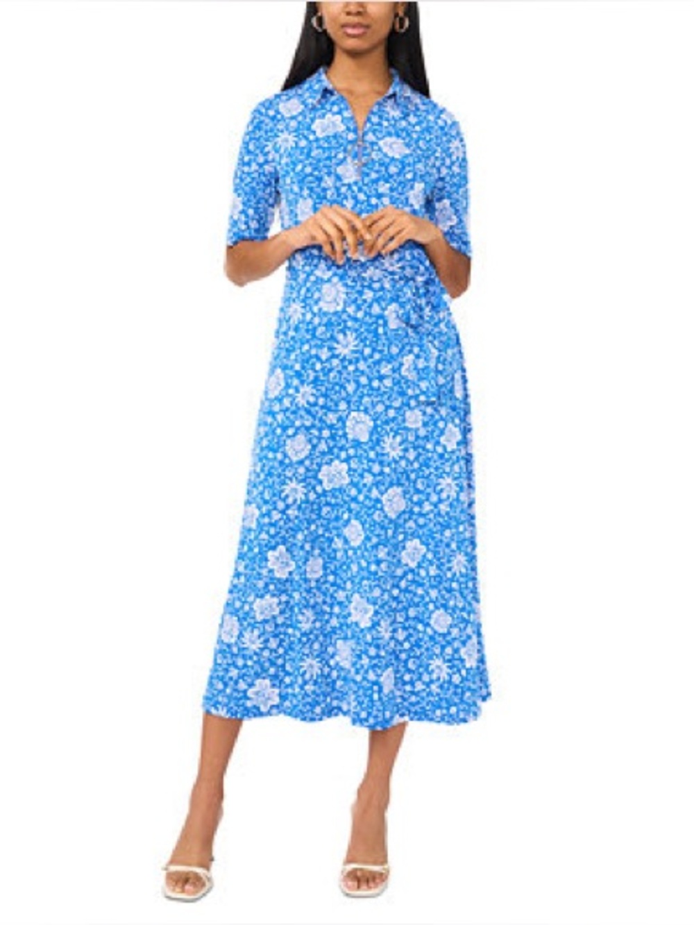 NWT- MSK Blue Belted Floral Midi Dress, size XL